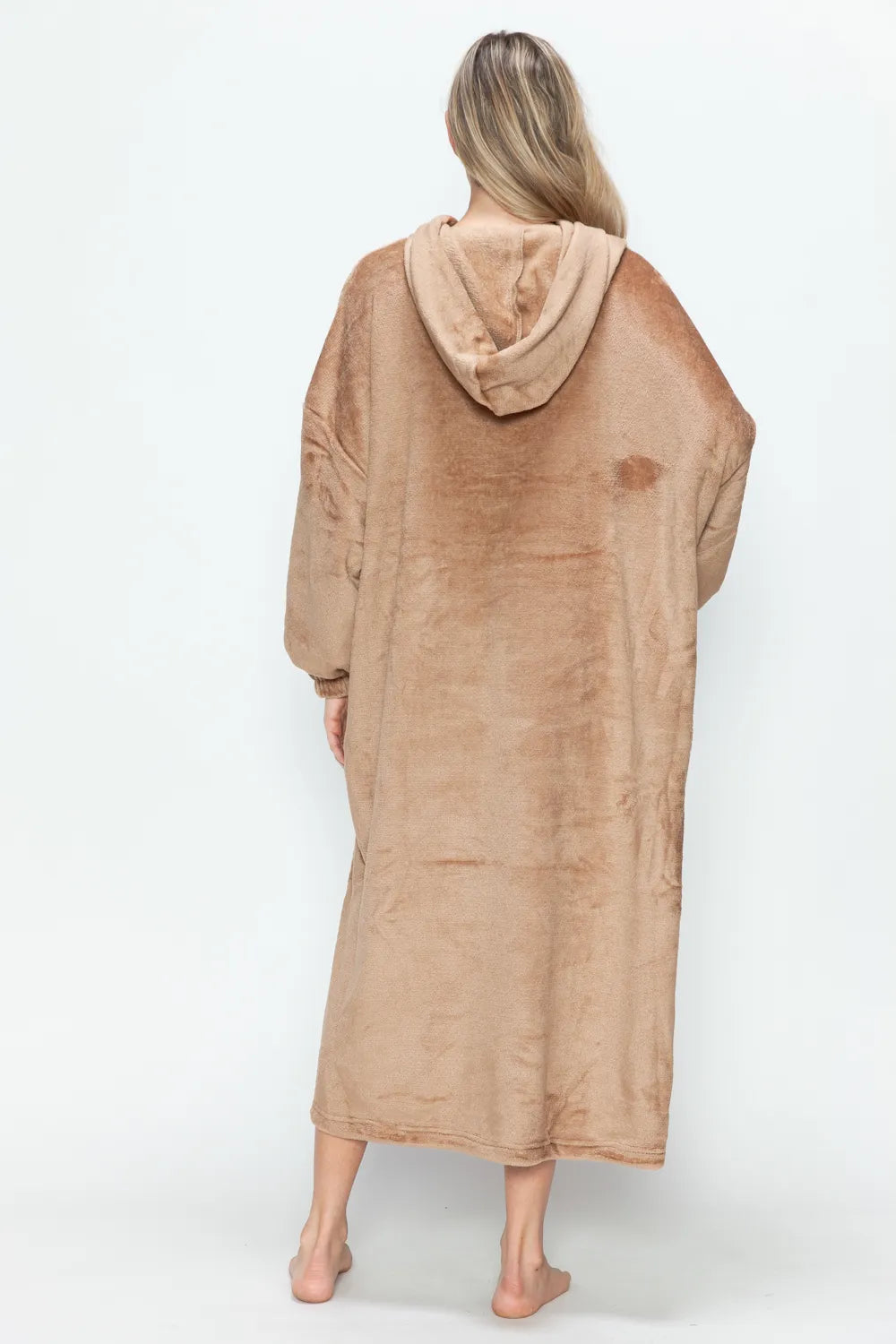 Double Vented Robe Double Take Full Size Pocketed Hooded Velour Blanket Lounge Robe