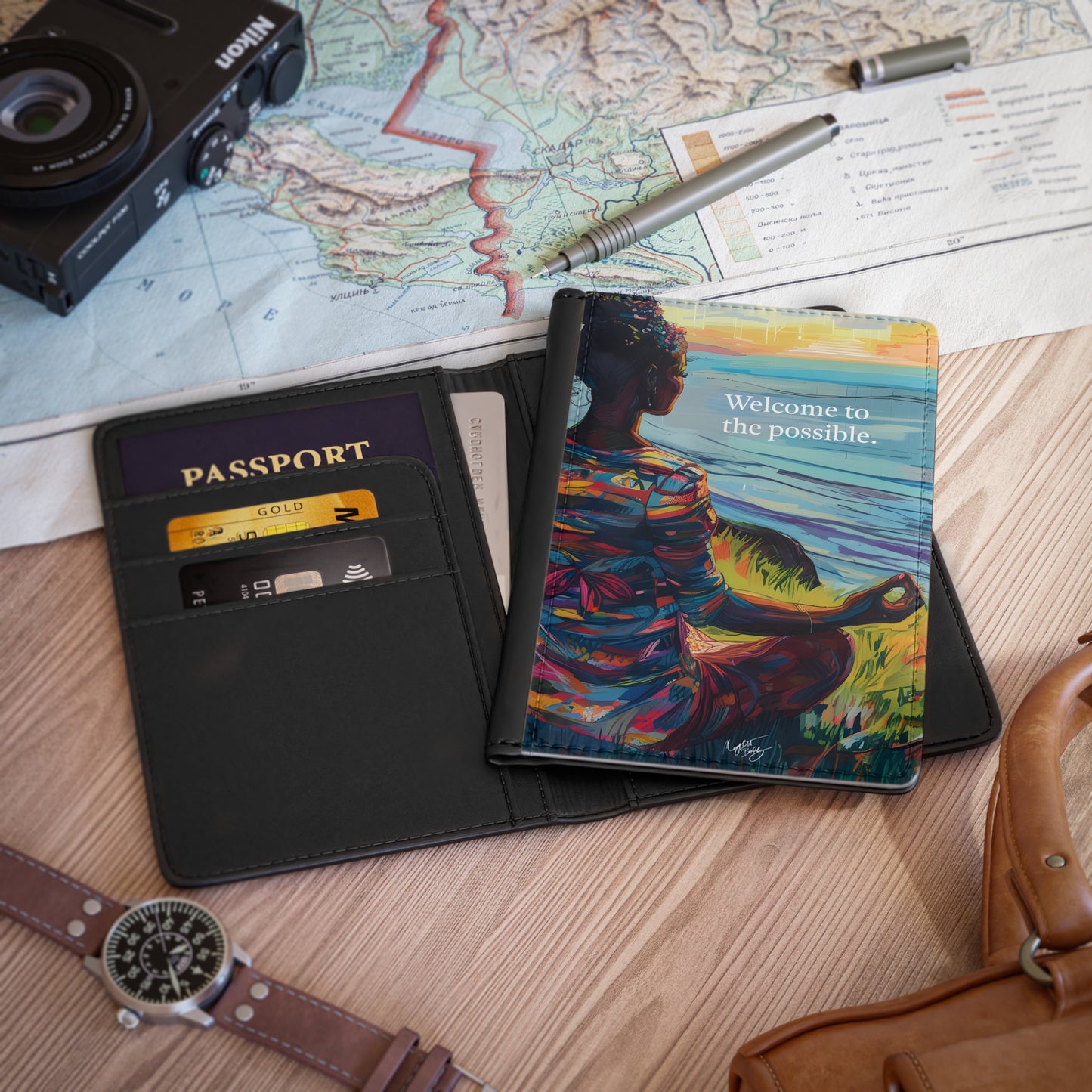 Welcome To The Possible Vegan Leather Black Art RFID Blocking Passport Cover