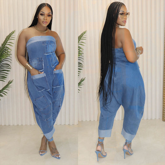 Trendy Sleeveless Harem Style Denim Jumper