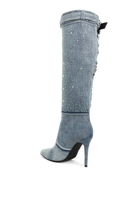 Clubwear Cornik Multi Color Stones Denim Boots - Xtreme Shopper
