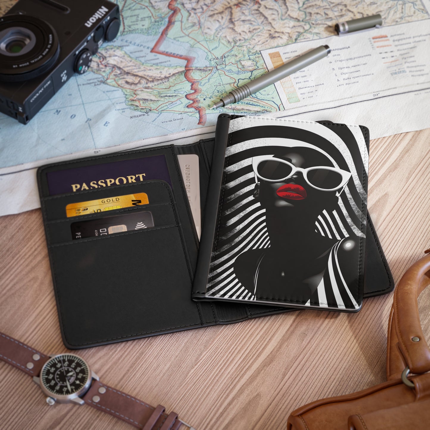 In Black And White Vegan Leather Black Art RFID Blocking Passport Cover