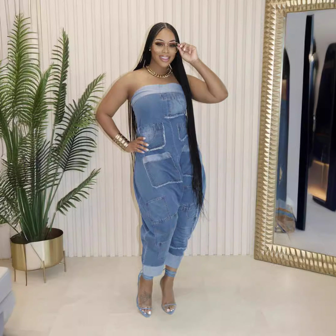 Trendy Sleeveless Harem Style Denim Jumper
