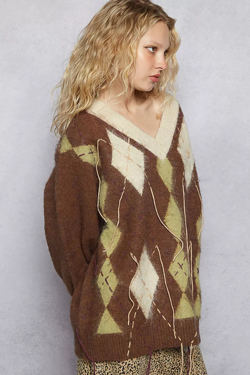 POL V-Neck Argyle Pattern Mohair Sweater with Contrast Exposed Stitch Detail - Xtreme Shopper