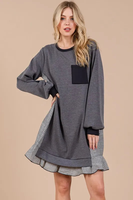 Ces Femme Striped Patchwork Round Neck Terry Sweatshirt Dress - Xtreme Shopper