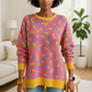 Abstract Print Ribbed Trim Baggy Sweater