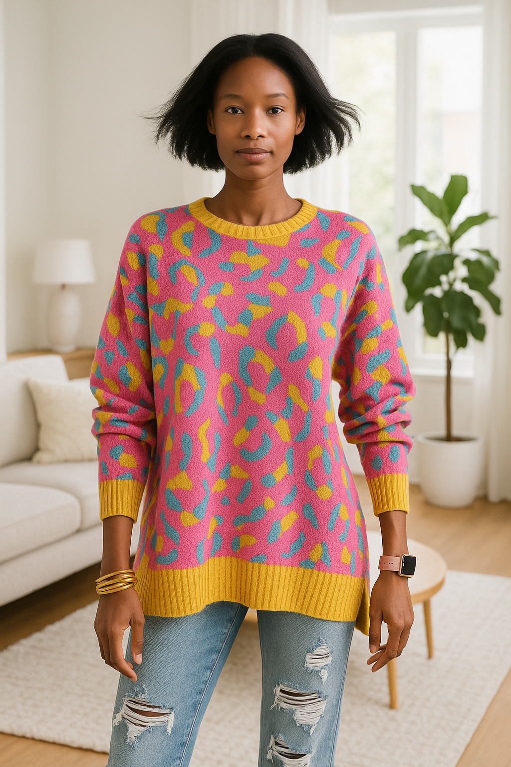 Abstract Print Ribbed Trim Baggy Sweater