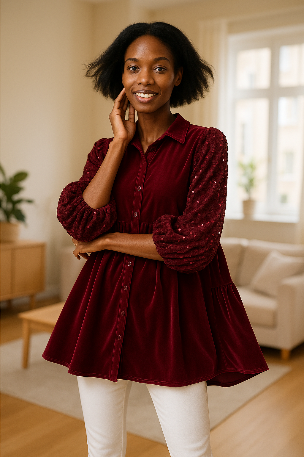 Umgee Sequin Detail Tiered Back Half Sleeve Shirt