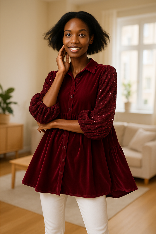 Umgee Sequin Detail Tiered Back Half Sleeve Shirt