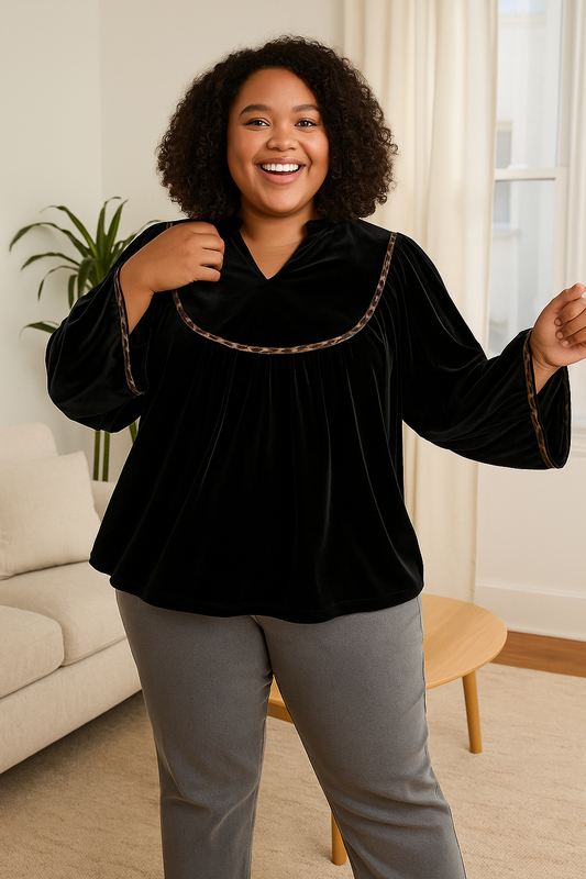 Umgee Velvet Long Sleeve Blouse with Contrast Trim