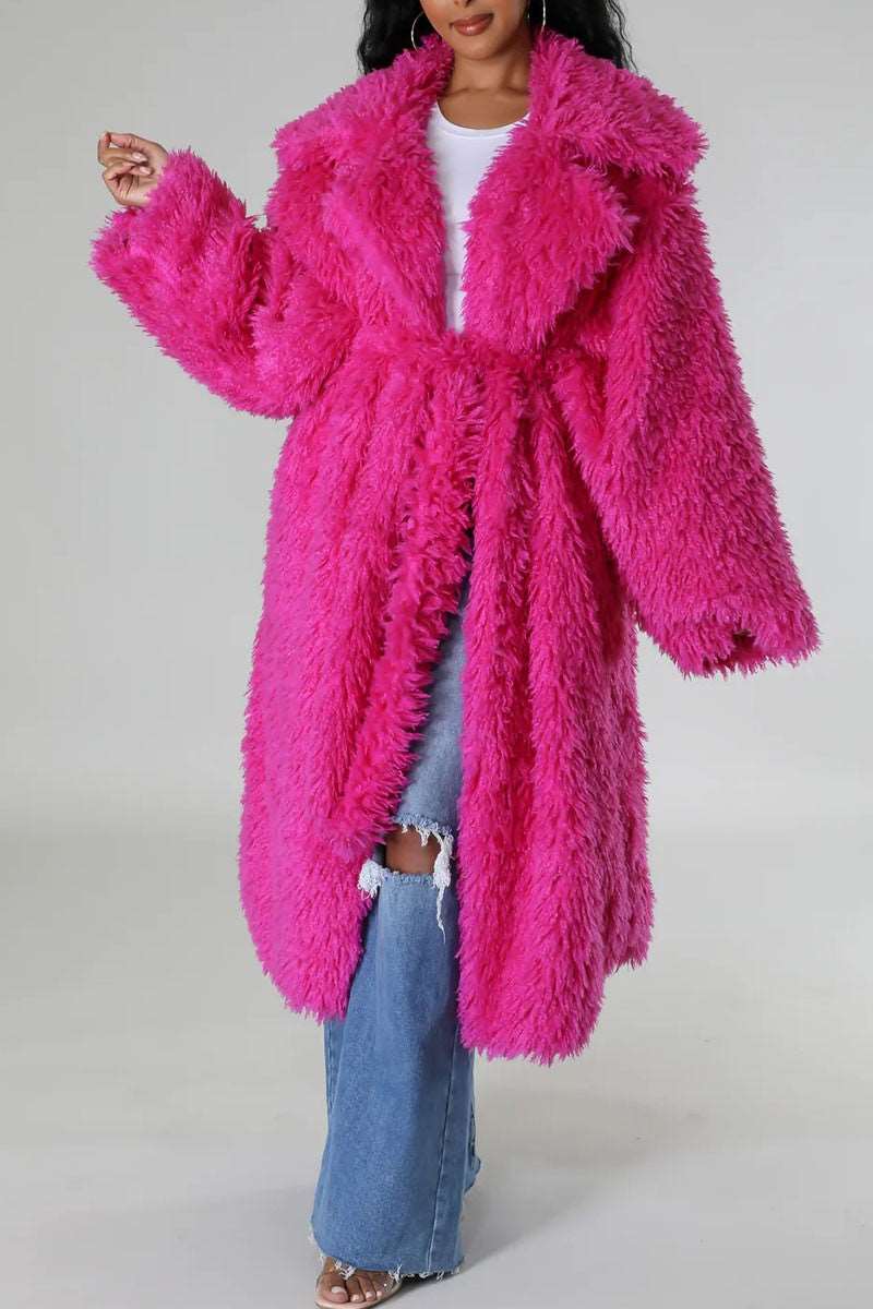 Hot Pink Snowfall Fuzzy Faux Fur Winter Heavy Belted Coat