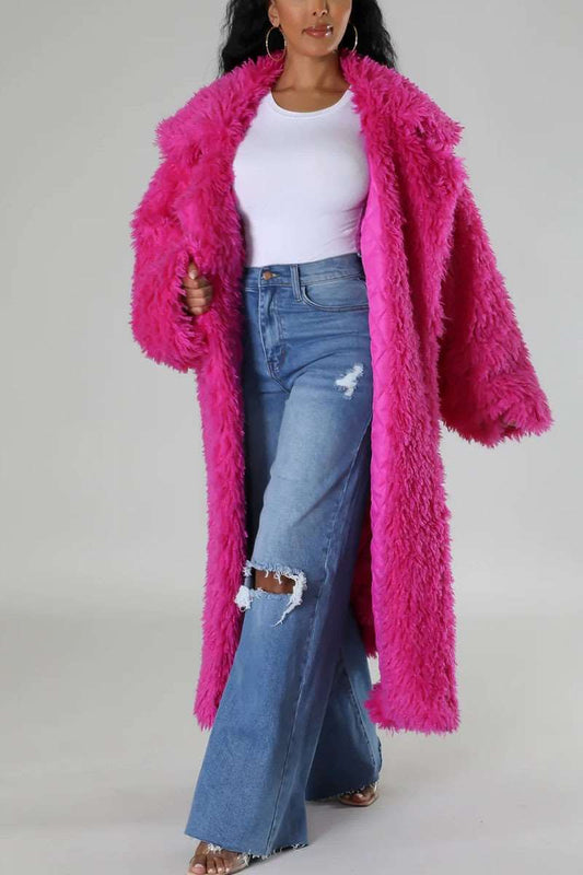 Hot Pink Snowfall Fuzzy Faux Fur Winter Heavy Belted Coat