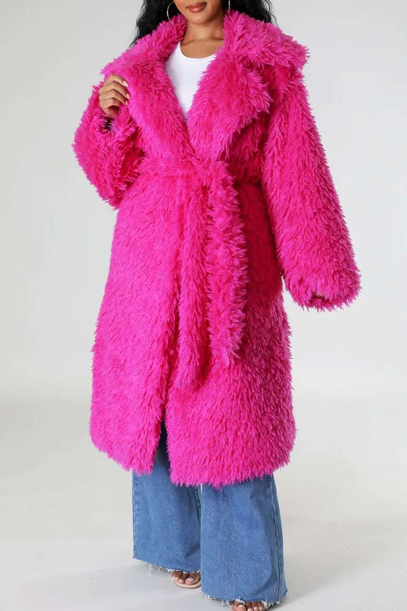 Hot Pink Snowfall Fuzzy Faux Fur Winter Heavy Belted Coat