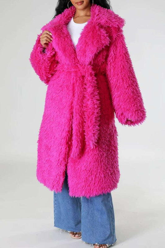 Hot Pink Snowfall Fuzzy Faux Fur Winter Heavy Belted Coat