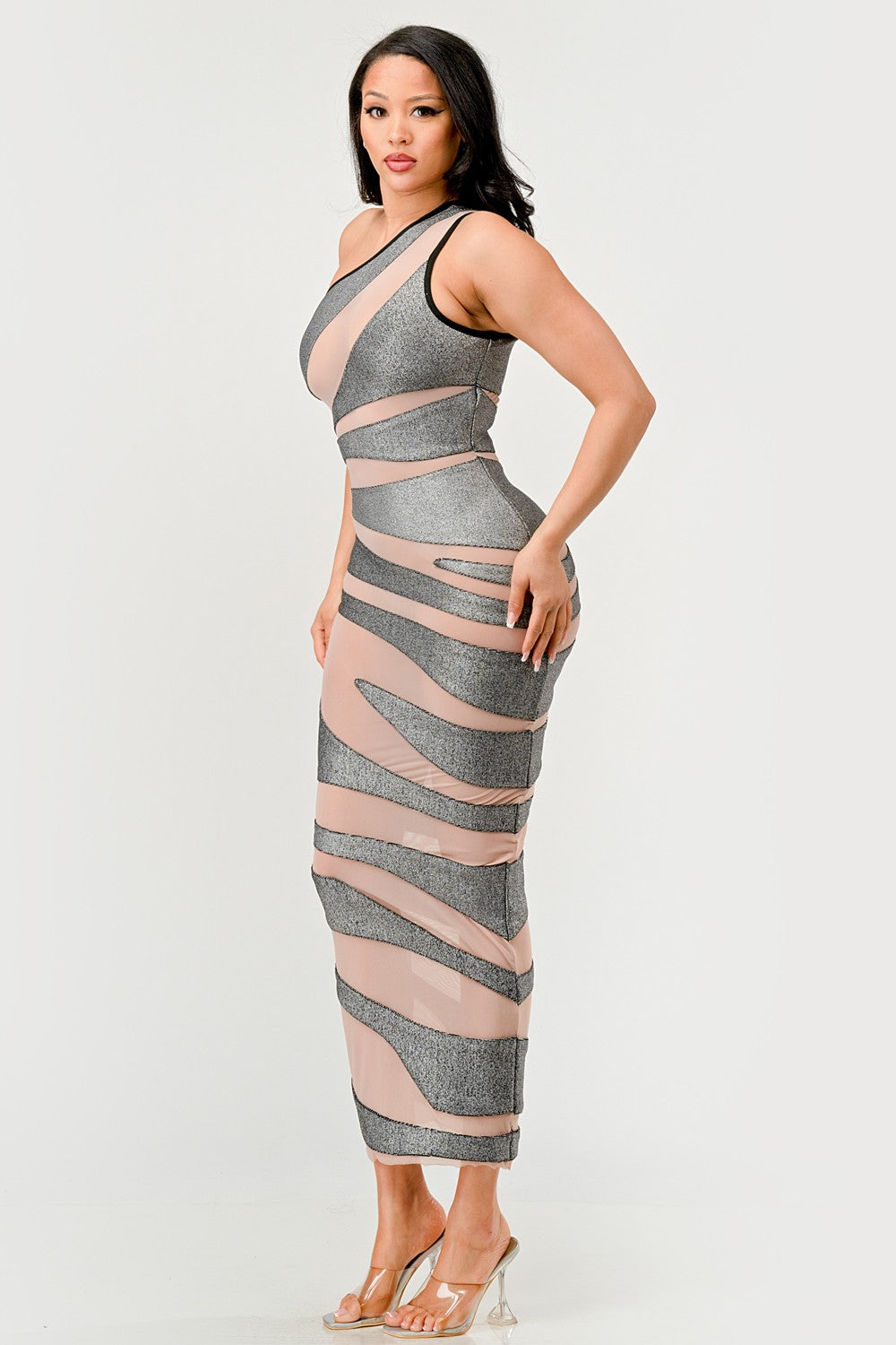 Metallic Bandage Mesh Insert Maxi Dress