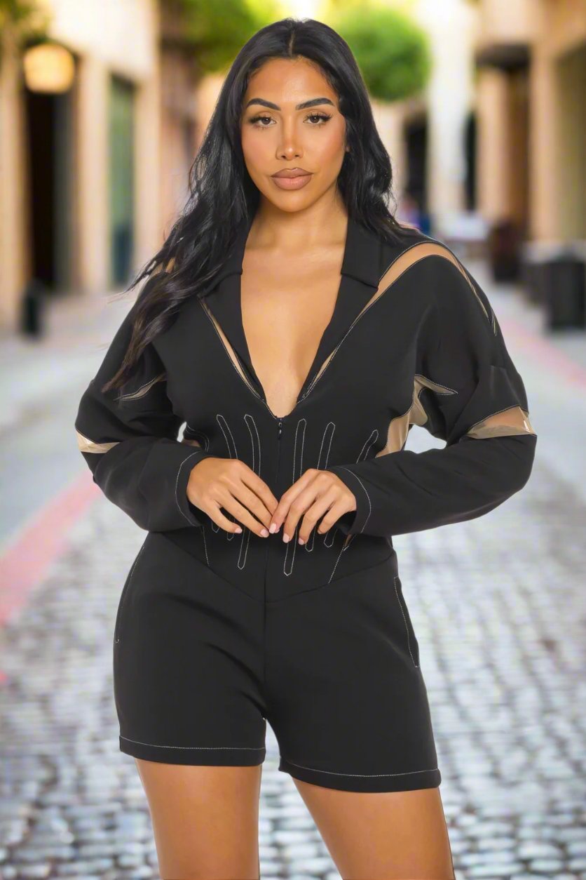 Trendy Chic Mesh-Panelled Black Romper