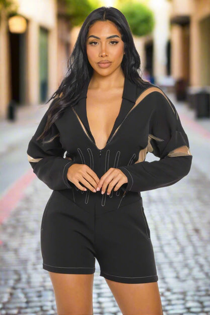 Trendy Chic Mesh-Panelled Black Romper