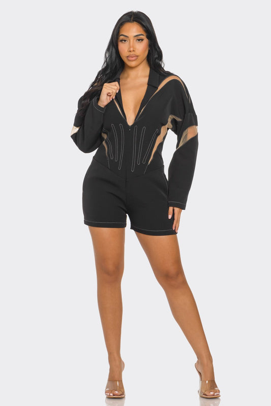 Trendy Chic Mesh-Panelled Black Romper