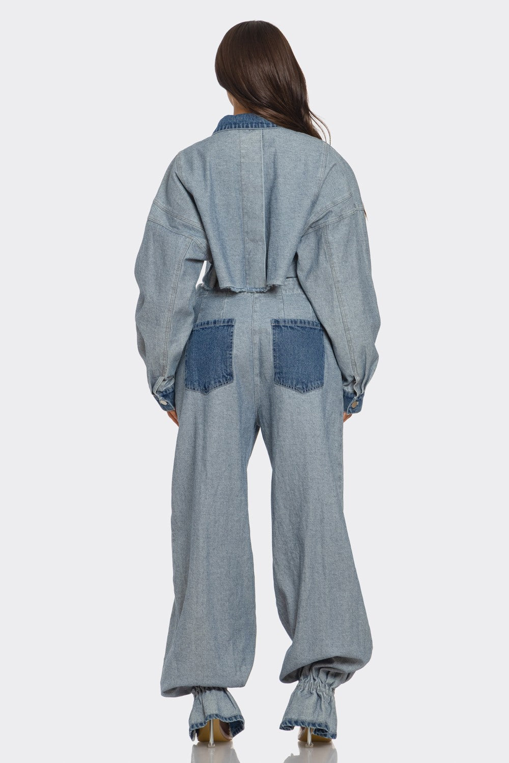 Trendy Two Tone Cropped Contrast Denim Jeans and Cropped Top Set