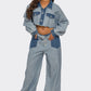 Trendy Two Tone Cropped Contrast Denim Jeans and Cropped Top Set