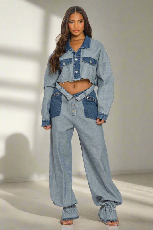 Trendy Streetwear Cropped Contrast Denim Set