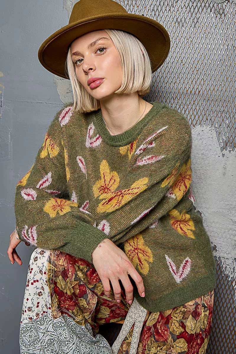 POL Floral Pattern Round Neck Balloon Sleeve Wool Blend Sweater - Xtreme Shopper