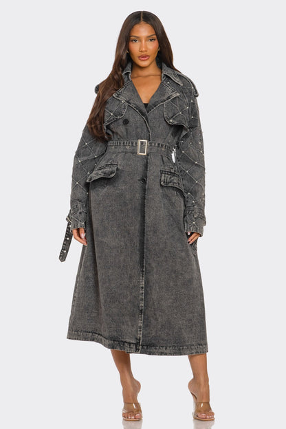 Trendy Distressed Denim Trench Coat