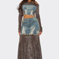 Trendy Velvet Denim Fusion Crop Top and Maxi Skirt Set