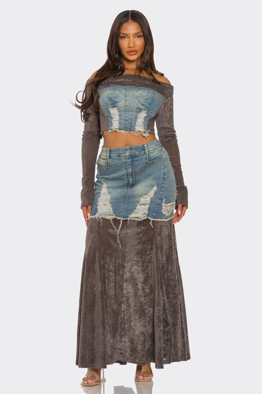 Trendy Velvet Denim Fusion Crop Top and Maxi Skirt Set