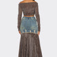 Trendy Velvet Denim Fusion Crop Top and Maxi Skirt Set
