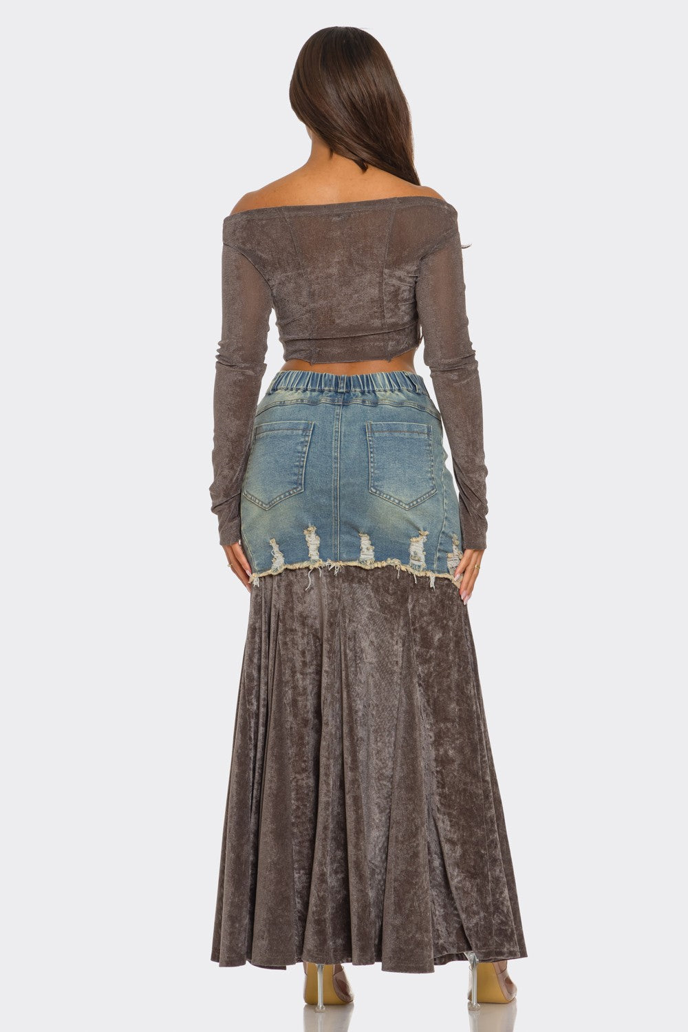 Trendy Velvet Denim Fusion Crop Top and Maxi Skirt Set