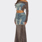 Trendy Velvet Denim Fusion Crop Top and Maxi Skirt Set