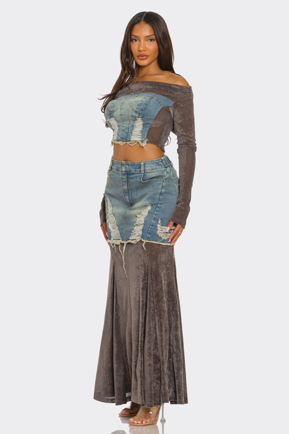 Trendy Velvet Denim Fusion Crop Top and Maxi Skirt Set