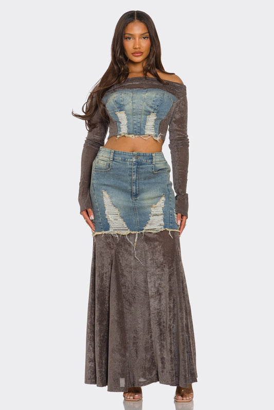 Trendy Velvet Denim Fusion Crop Top and Maxi Skirt Set