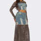 Trendy Velvet Denim Fusion Crop Top and Maxi Skirt Set