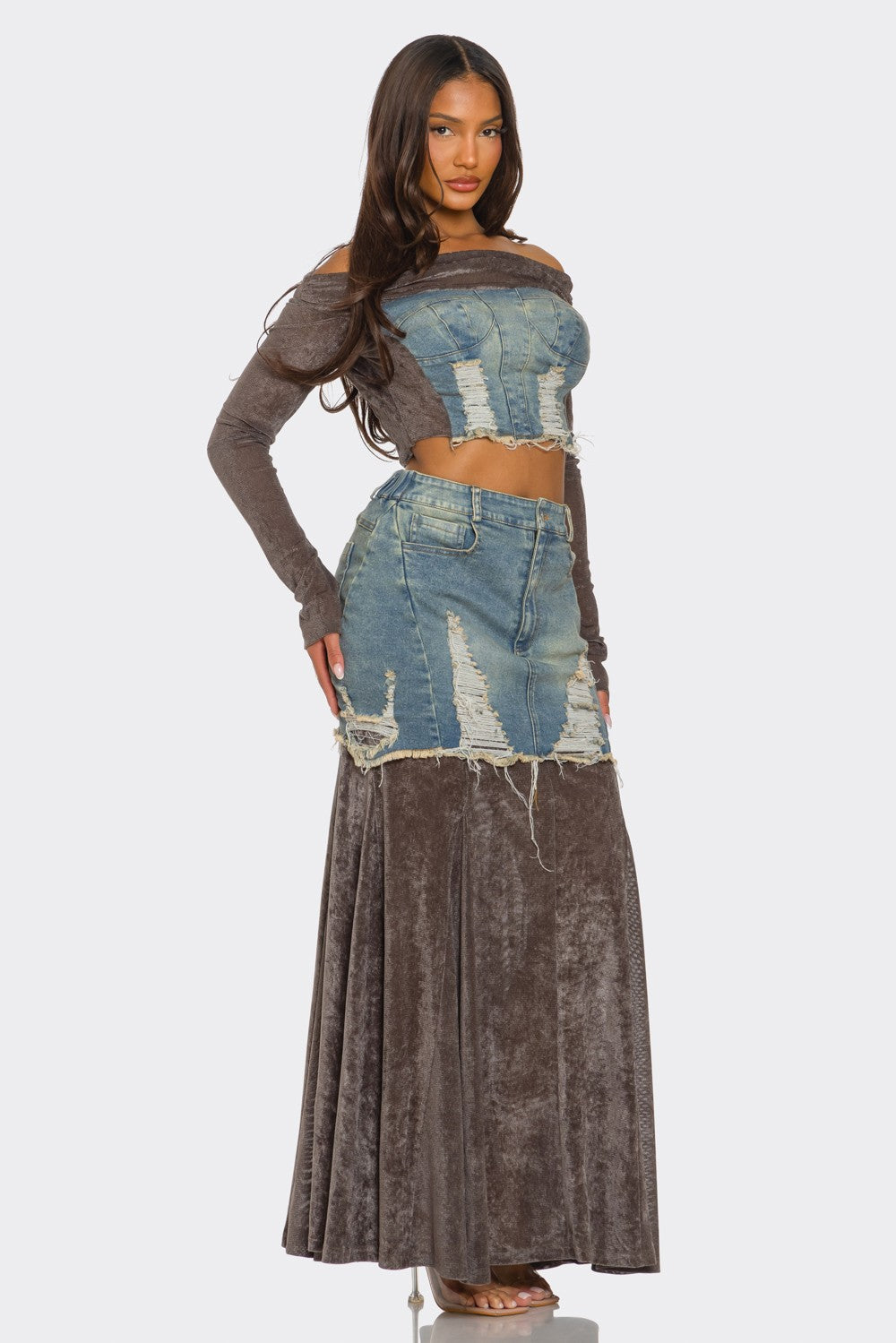 Trendy Velvet Denim Fusion Crop Top and Maxi Skirt Set
