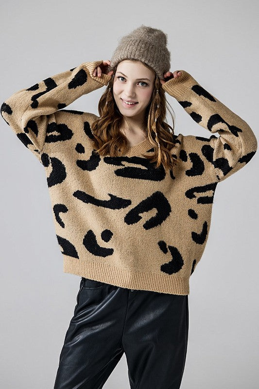 Plus Fuzzy Mohair Jacquard V-Neck Leopard Sweater - Xtreme Shopper