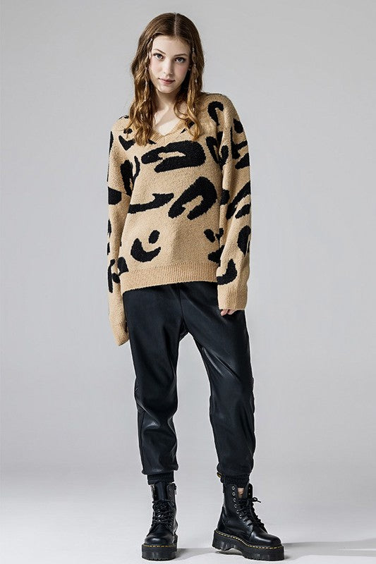 Plus Fuzzy Mohair Jacquard V-Neck Leopard Sweater - Xtreme Shopper