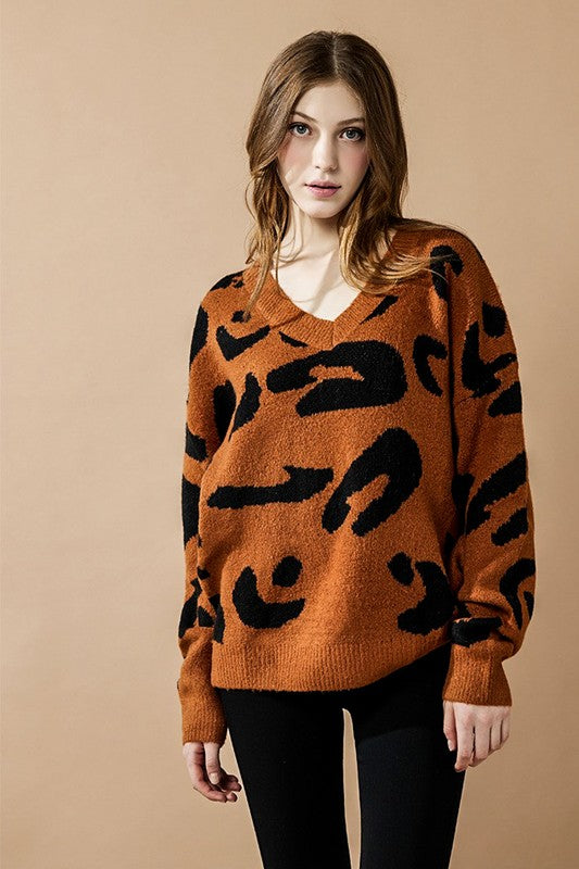Plus Fuzzy Mohair Jacquard V-Neck Leopard Sweater - Xtreme Shopper
