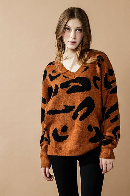 Plus Fuzzy Mohair Jacquard V-Neck Leopard Sweater - Xtreme Shopper
