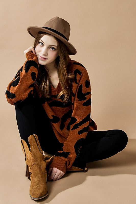 Plus Fuzzy Mohair Jacquard V-Neck Leopard Sweater - Xtreme Shopper