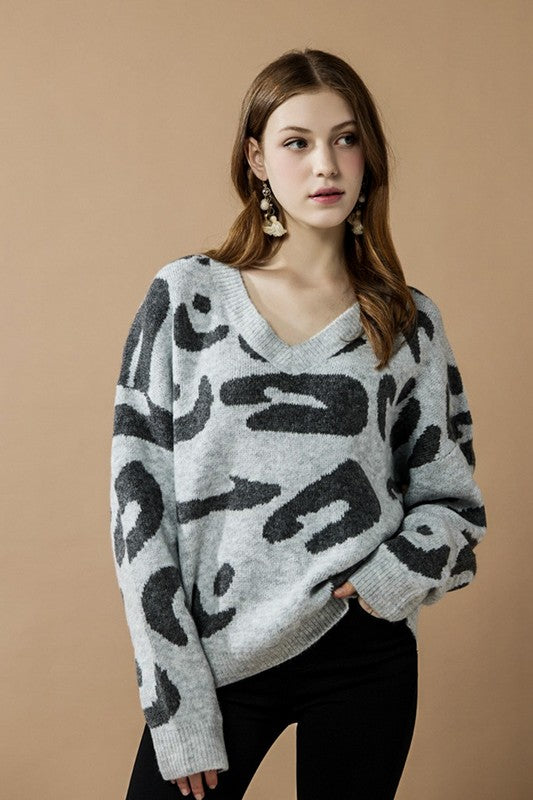 Plus Fuzzy Mohair Jacquard V-Neck Leopard Sweater - Xtreme Shopper