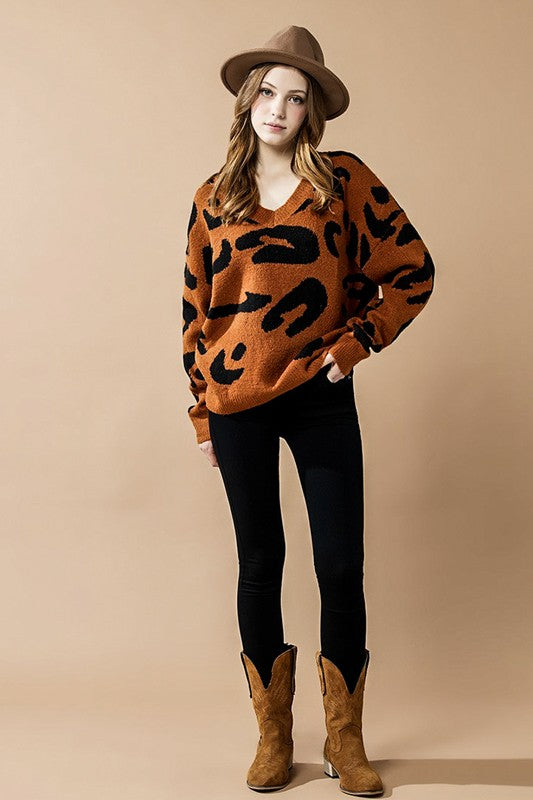 Plus Fuzzy Mohair Jacquard V-Neck Leopard Sweater - Xtreme Shopper