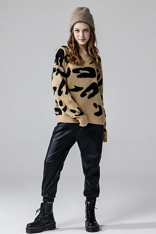 Plus Fuzzy Mohair Jacquard V-Neck Leopard Sweater - Xtreme Shopper