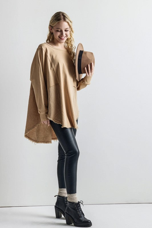 Boho Comfy Oversized Round Side Slit Contrast Tunic Top - Xtreme Shopper