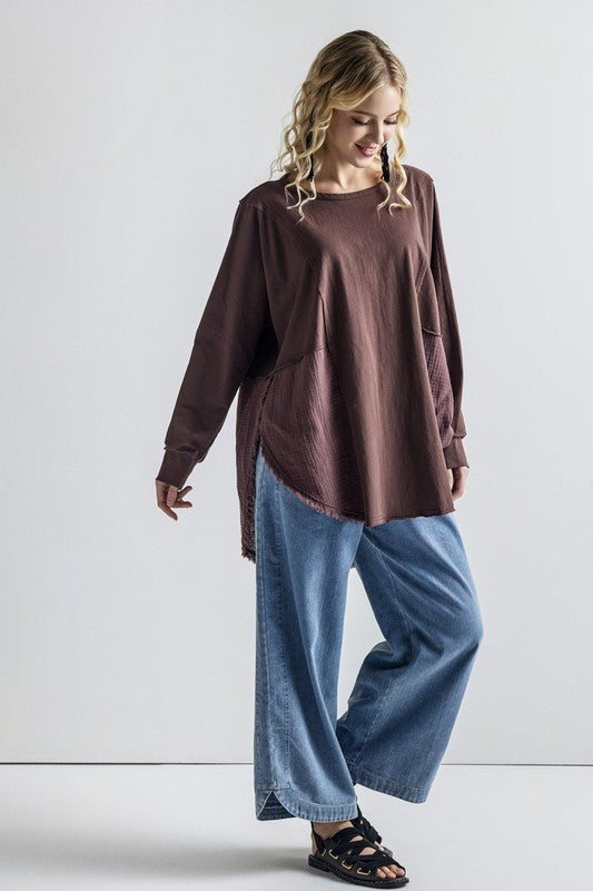 Boho Comfy Oversized Round Side Slit Contrast Tunic Top - Xtreme Shopper