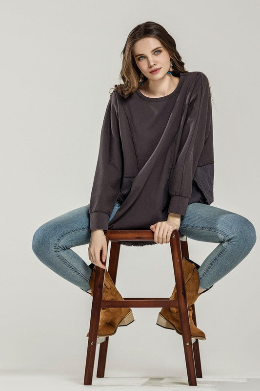 Boho Comfy Oversized Round Side Slit Contrast Tunic Top - Xtreme Shopper