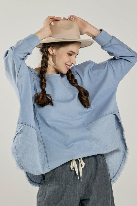 Boho Comfy Oversized Round Side Slit Contrast Tunic Top - Xtreme Shopper