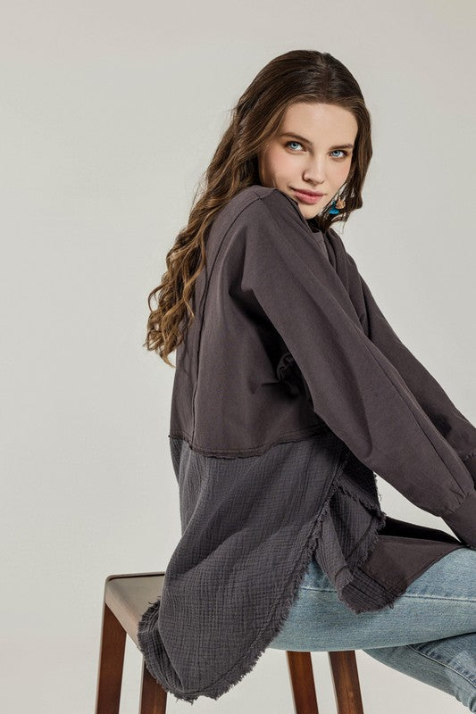 Boho Comfy Oversized Round Side Slit Contrast Tunic Top - Xtreme Shopper