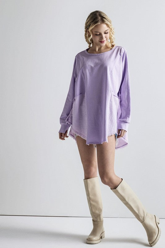 Boho Comfy Oversized Round Side Slit Contrast Tunic Top - Xtreme Shopper