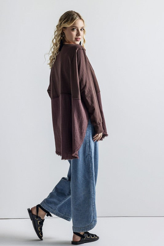 Plus Size Boho Comfy Oversized Round Side Slit Contrast Top - Xtreme Shopper